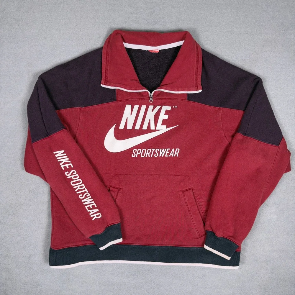 Nike Sportswear Half Zip Sweatshirt Mens Large Burgundy Maroon Color Block